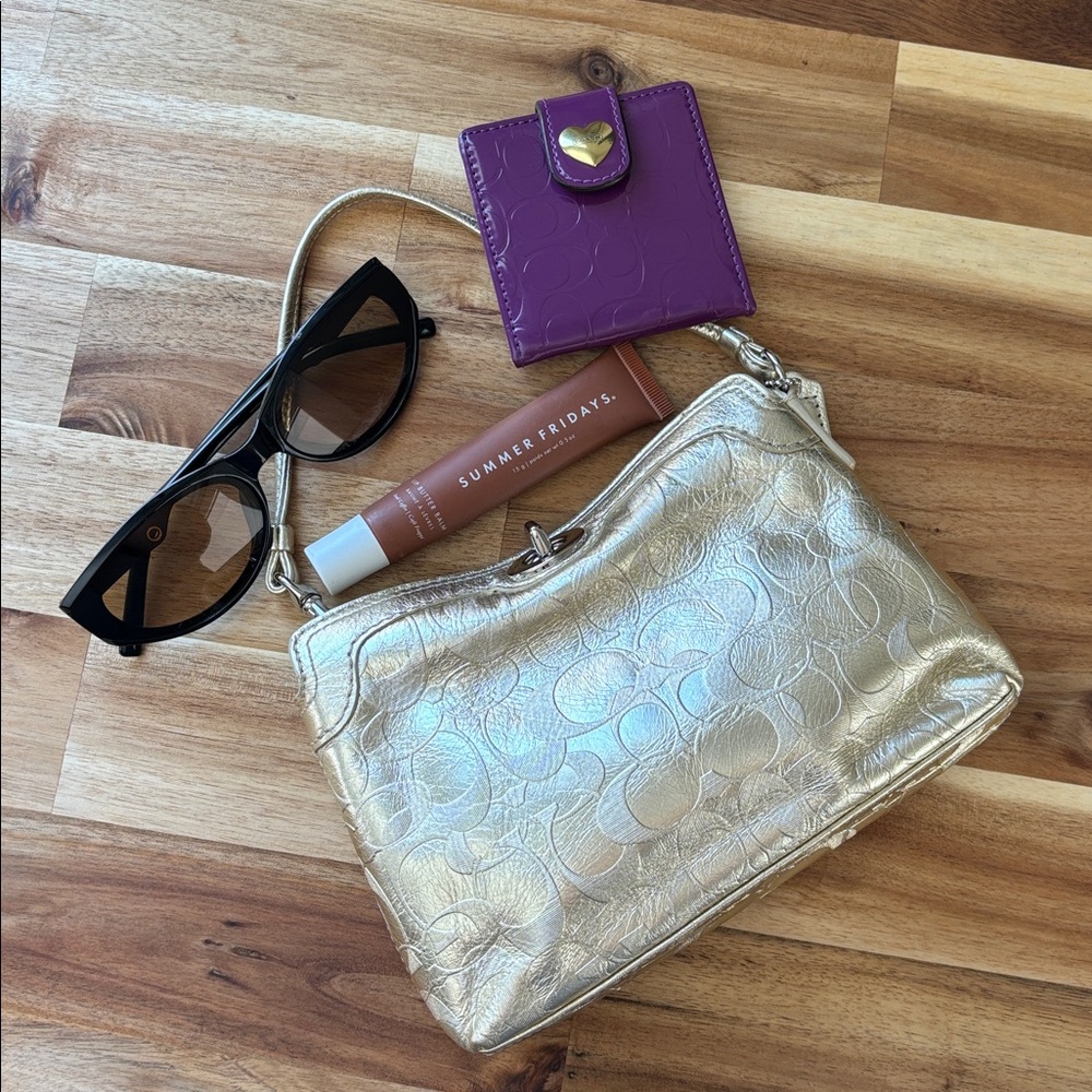 Coach Metallic Gold Leather Wristlet with Signature Pattern